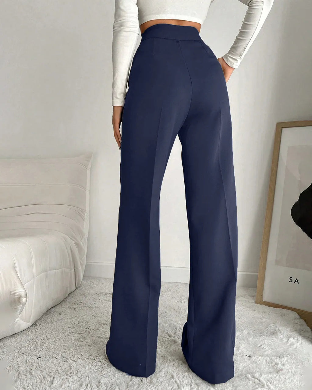 High Waist Wide Leg Formal Trousers in Navy Blue