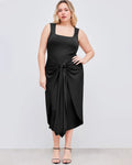 Square Neck Solid Twist Knotted Black Maxi Dress Curve & Plus