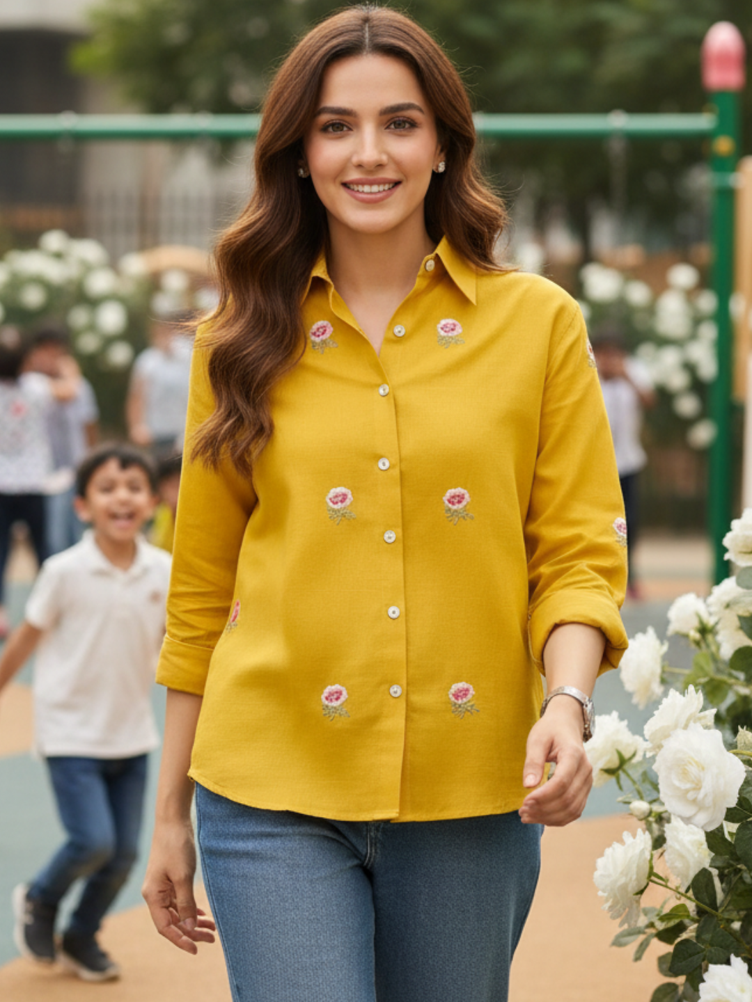 All Over Embroidered Linen Shirt - Pinkkup
