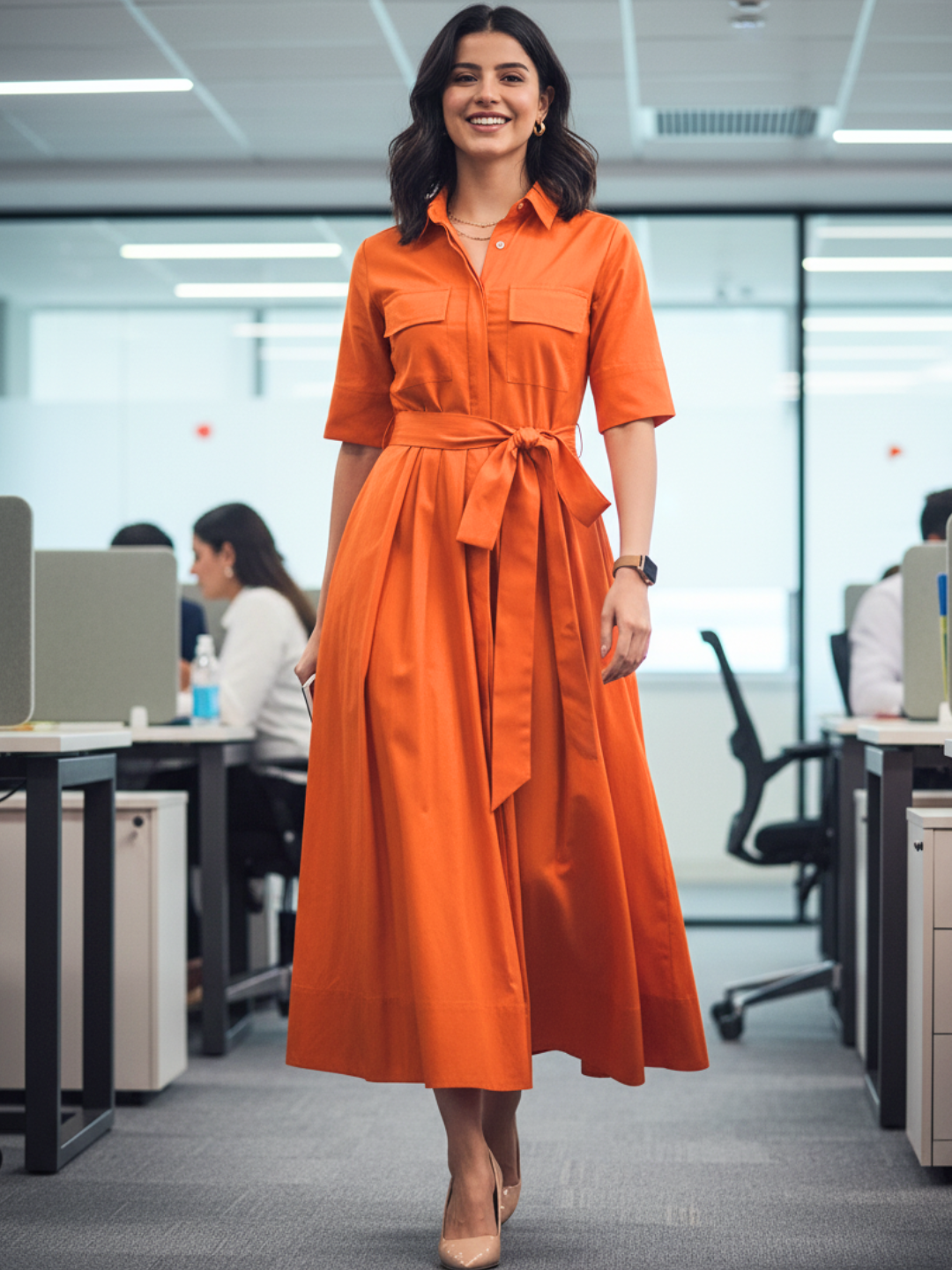 Pure Cotton Flared Shirt Dress With Belt - Pinkkup