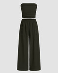 Off Shoulder Crop Top And Wide Leg Pant In Olive Green