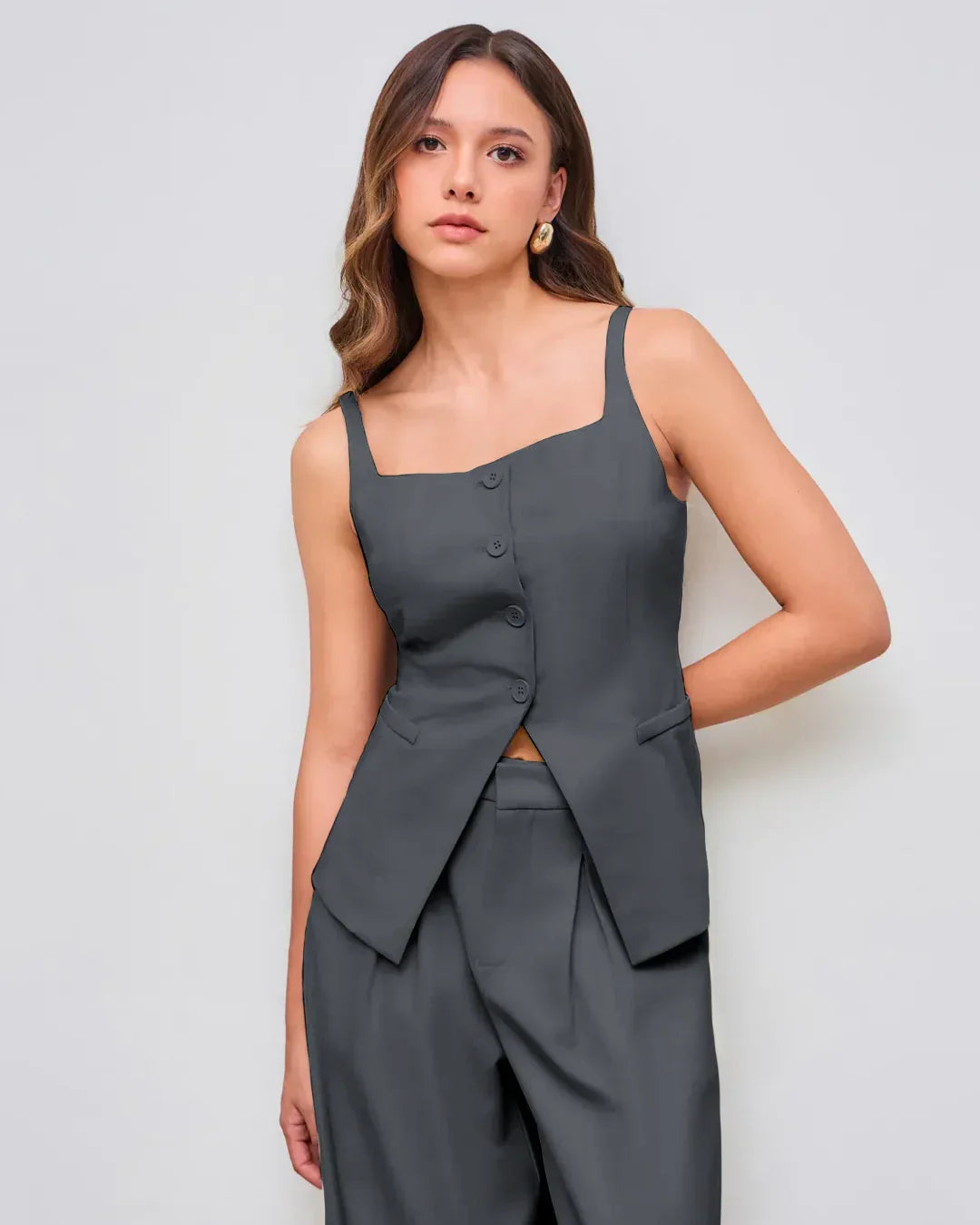 Sleeveless Button Down Corset Style Top in Dark Grey