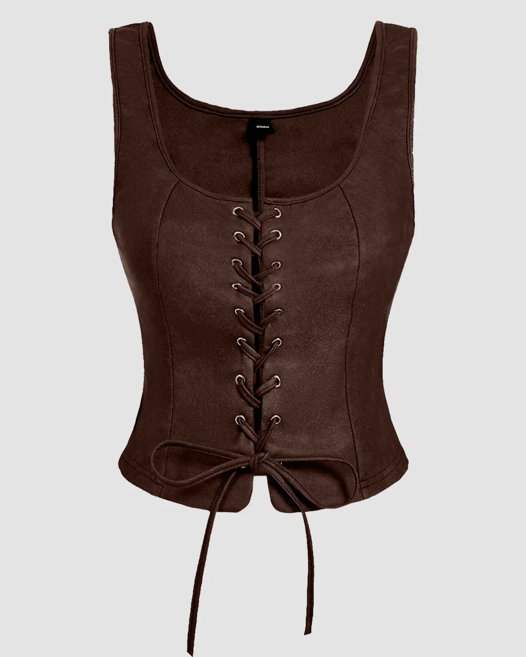 Lace Up Front Fitted Sleeveless Top in Brown
