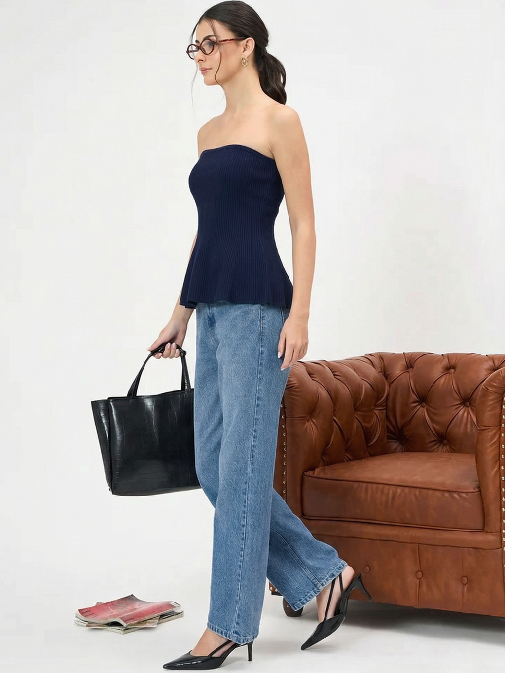 Ribbed Bandeau Peplum Top