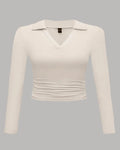 Collared V-Neck Full Sleeve Top in Apricot Curve & Plus