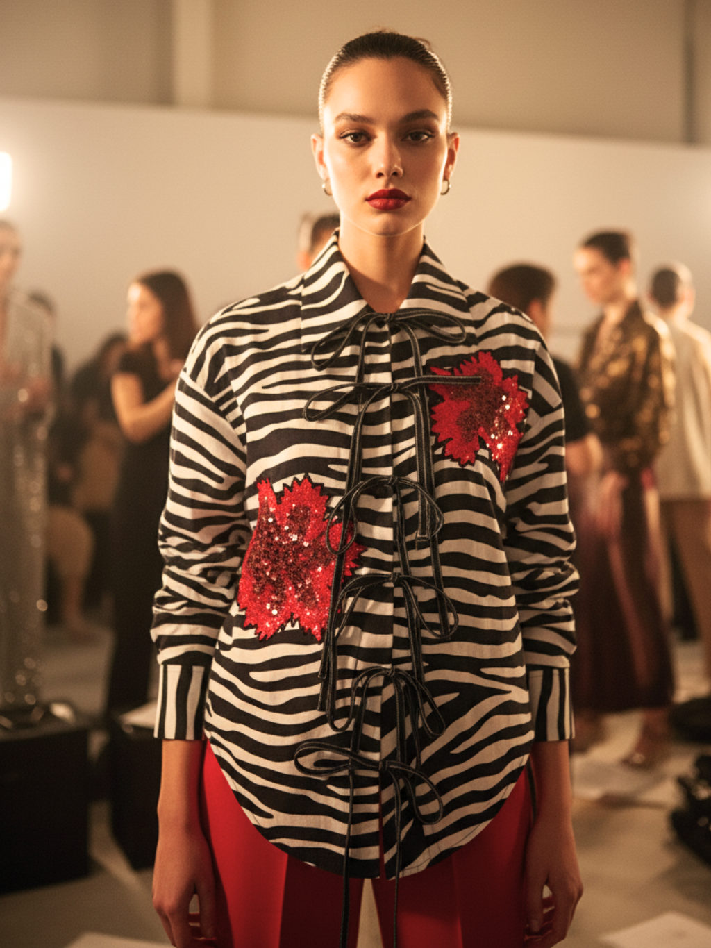 Printed Tie-Up Full Sleeve Sequinned Cotton Shirt - Pinkkup
