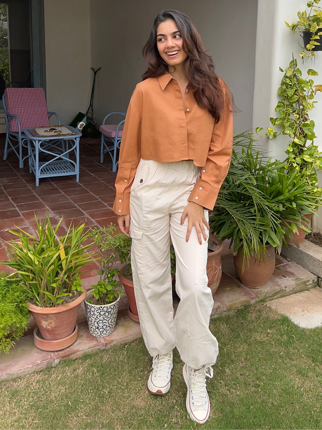 Cropped Cotton Shirt with Pocket - Pinkkup