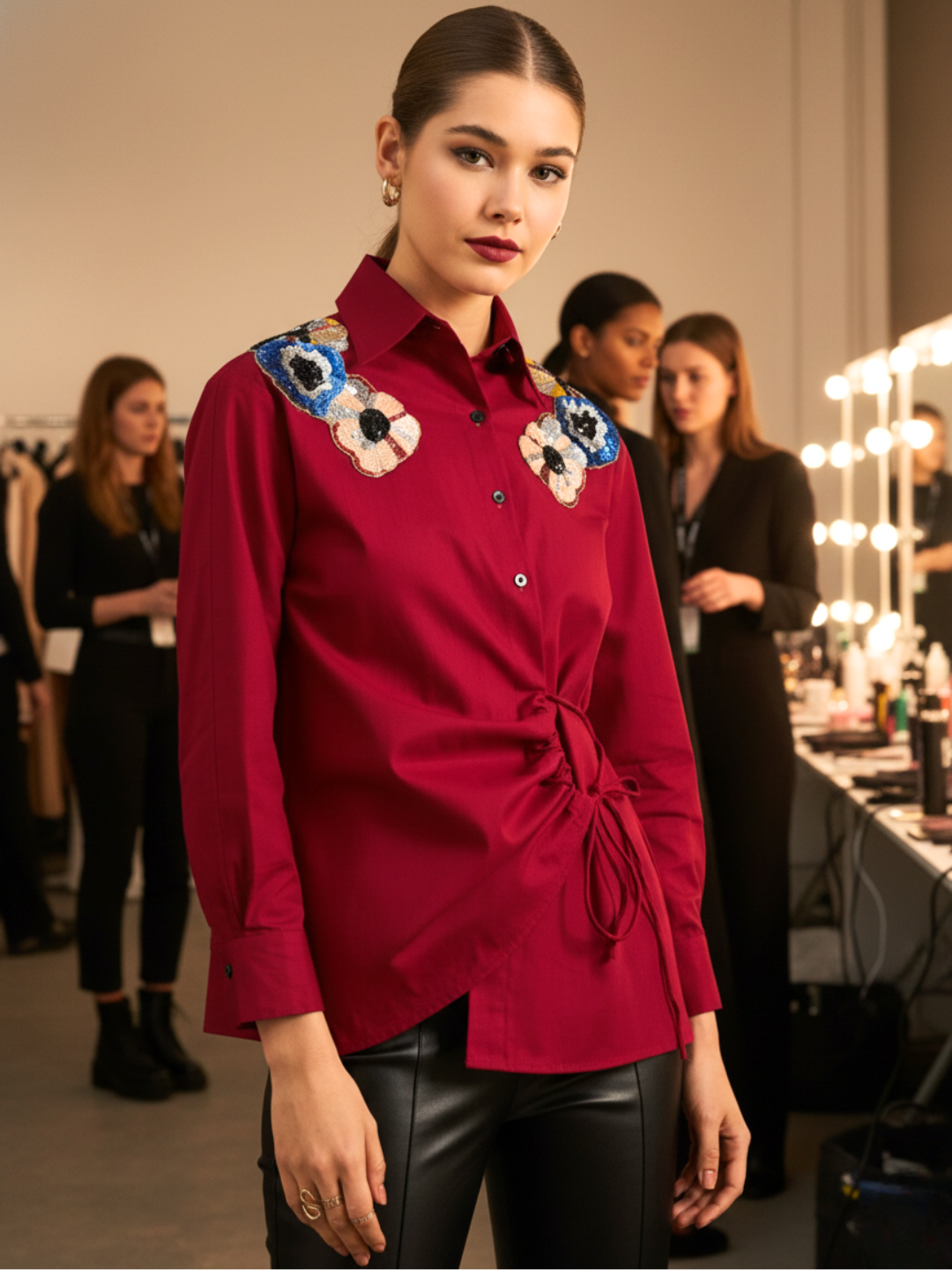 Pure Cotton Tie-Up Sequinned Shirt - Pinkkup