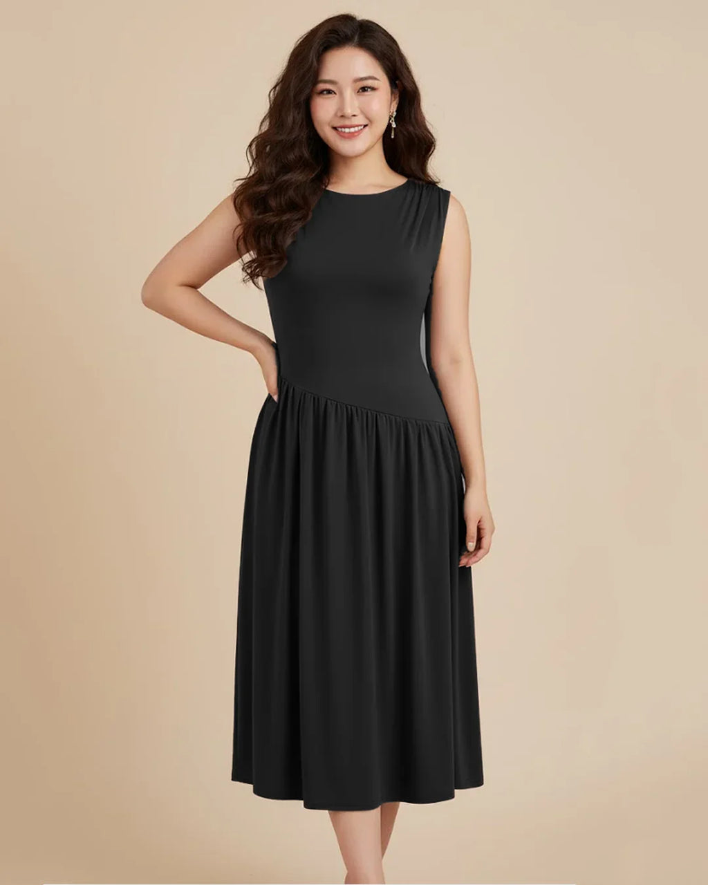 Round Neckline Ruffle Ruched Lace Up Midi Dress Curve & Plus in Black