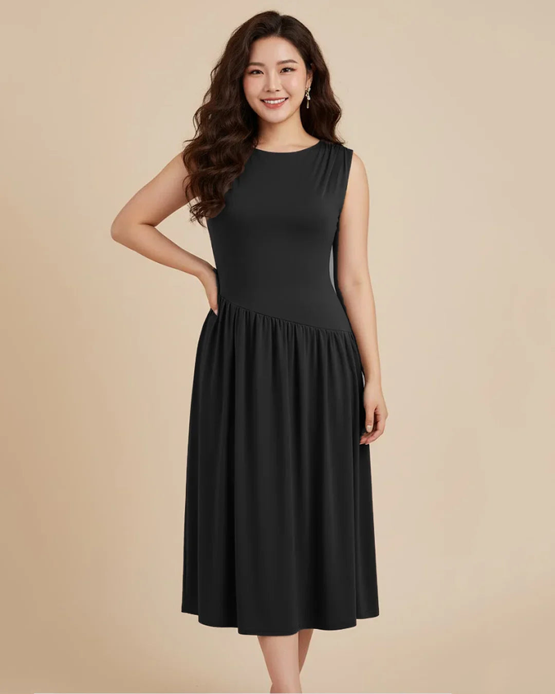 Round Neckline Ruffle Ruched Lace Up Midi Dress Curve & Plus in Black