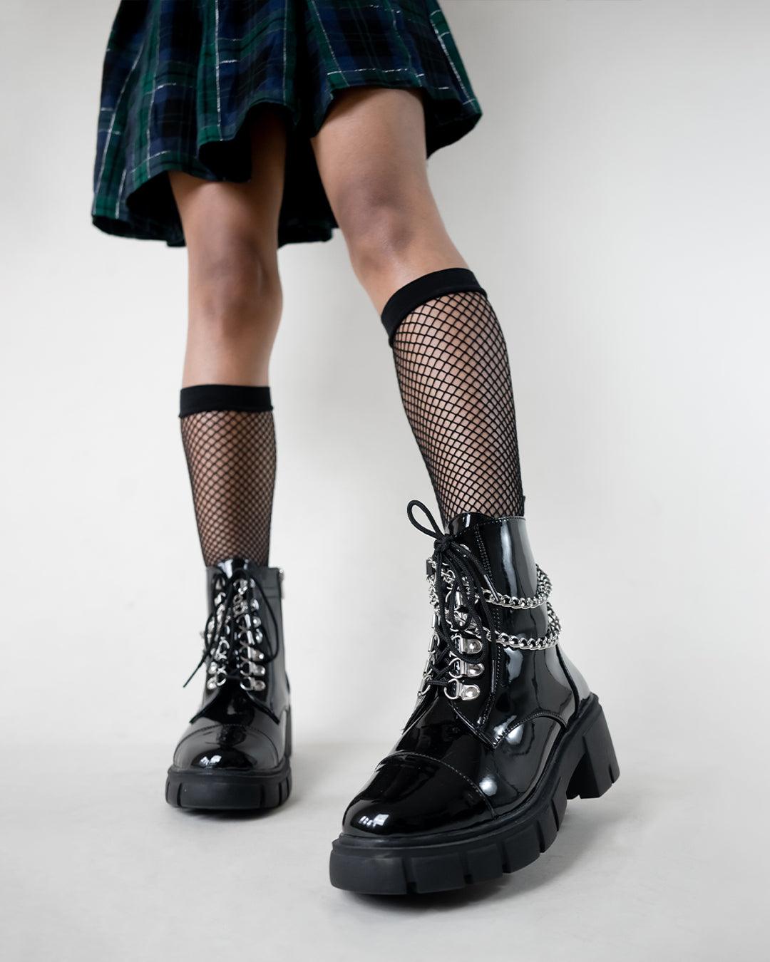 Black Chain Lace up Chunky Oxford Shoe