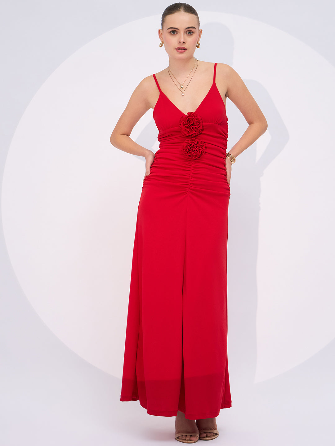 Stretchable Ruched Rosette Maxi Dress