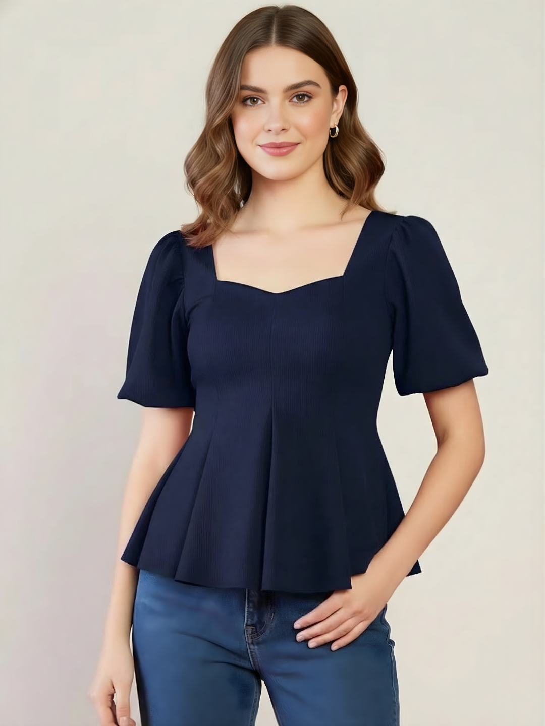 Stretchable Puff Sleeves Peplum Top - Pinkkup