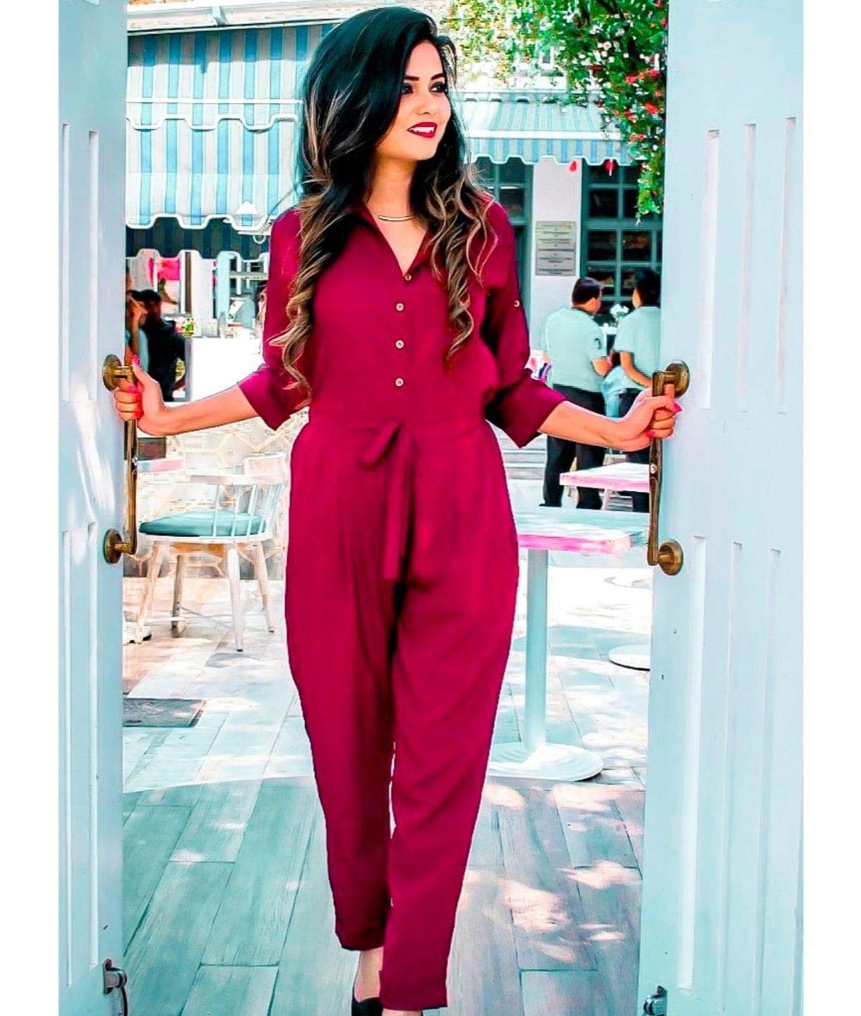 Button Down Roll-up Jumpsuit - Pinkkup