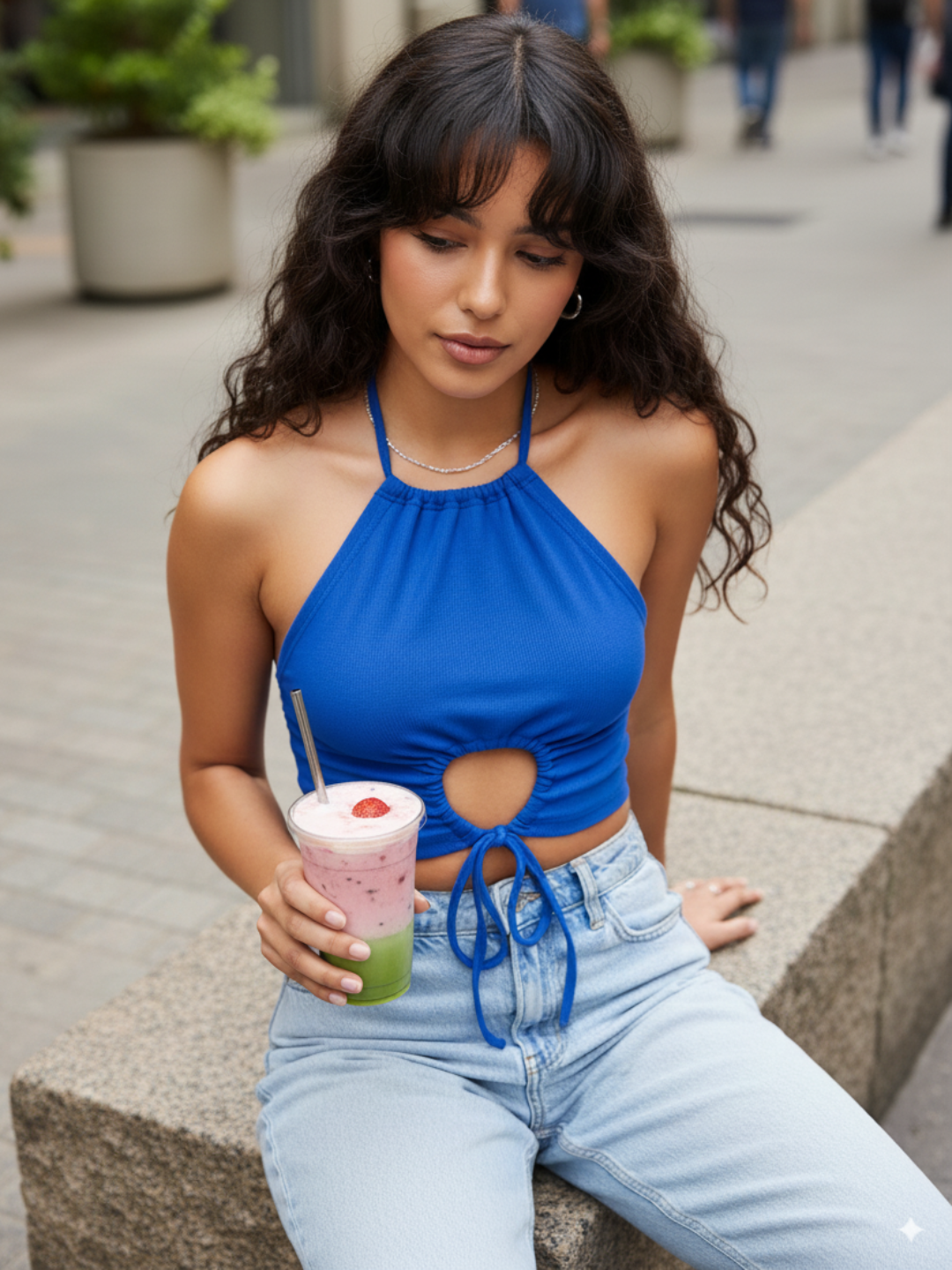 Stretchable Halter Strappy Cutout Ribbed Top - Pinkkup