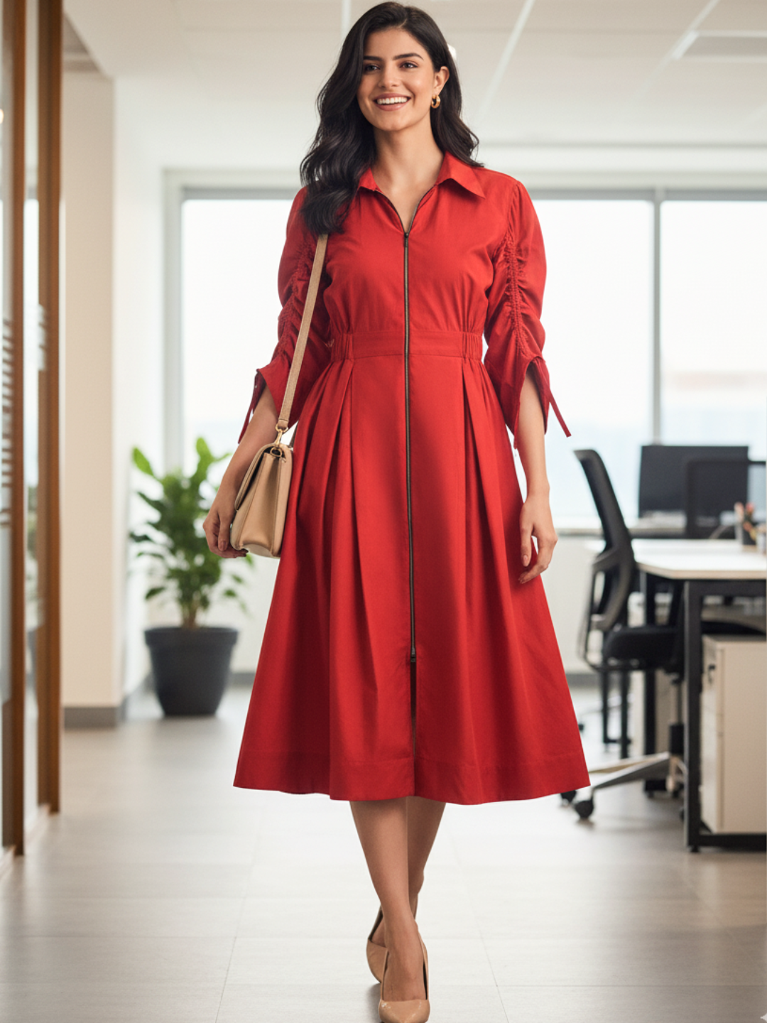 Cotton Zip Dress With Gathered Tie-Up Sleeves - Pinkkup