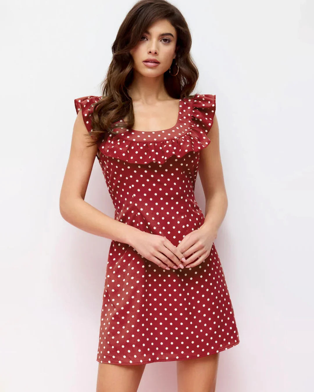 Polka Dot U-neckline Ruffled A-line Mini Dress