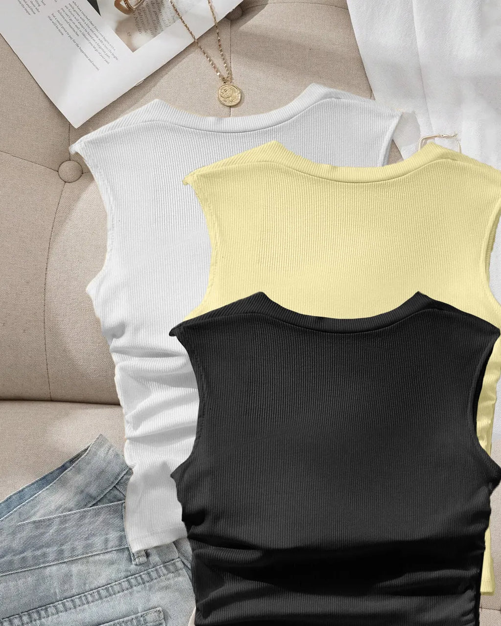 Sleeveless Square Neck Tops Combo in White, Black and Vanilla