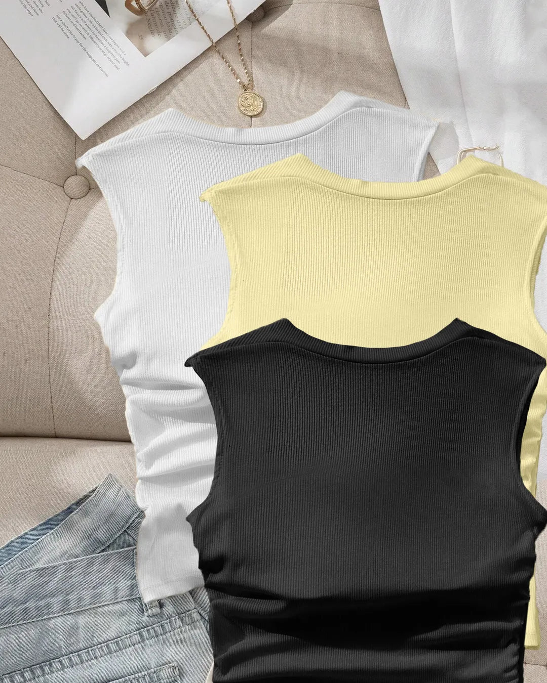 Sleeveless Square Neck Tops Combo in White, Black and Vanilla