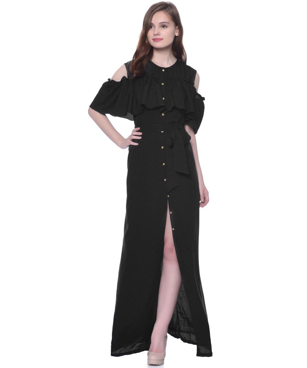 Ruffled Buttoned Cold Shoulder Maxi Dress