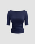 Navy Blue Fitted Knit Half Sleeve Top