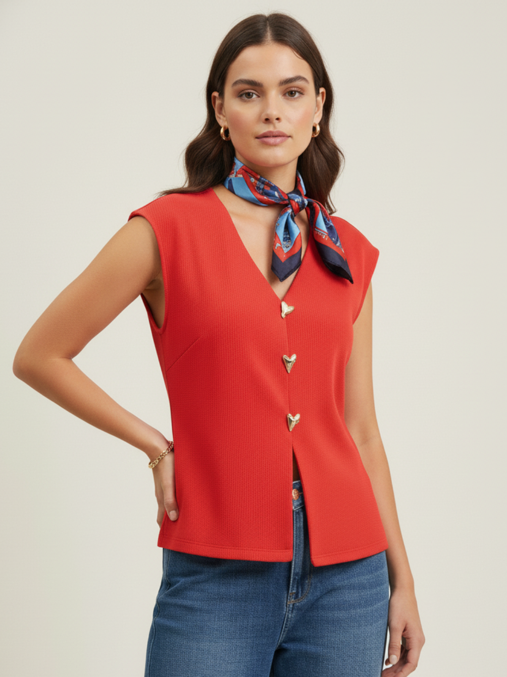 Stretchable Ribbed Waistcoat with Heart Buttons