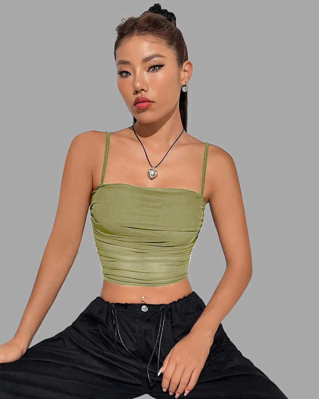Ruched Spaghetti Strap Slim Fitted Crop Cami Green Top