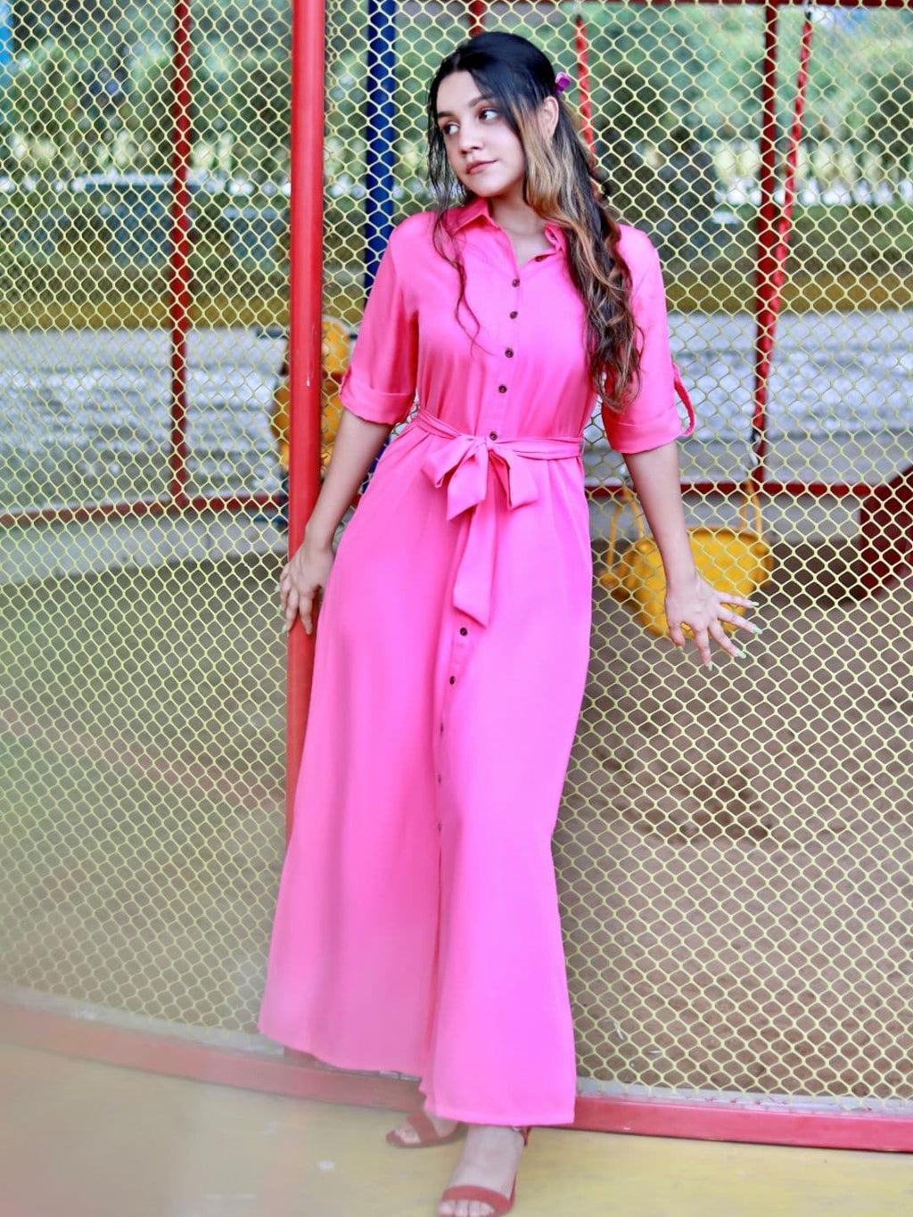 Collar Buttoned Down Shirt Maxi Dress - Pinkkup