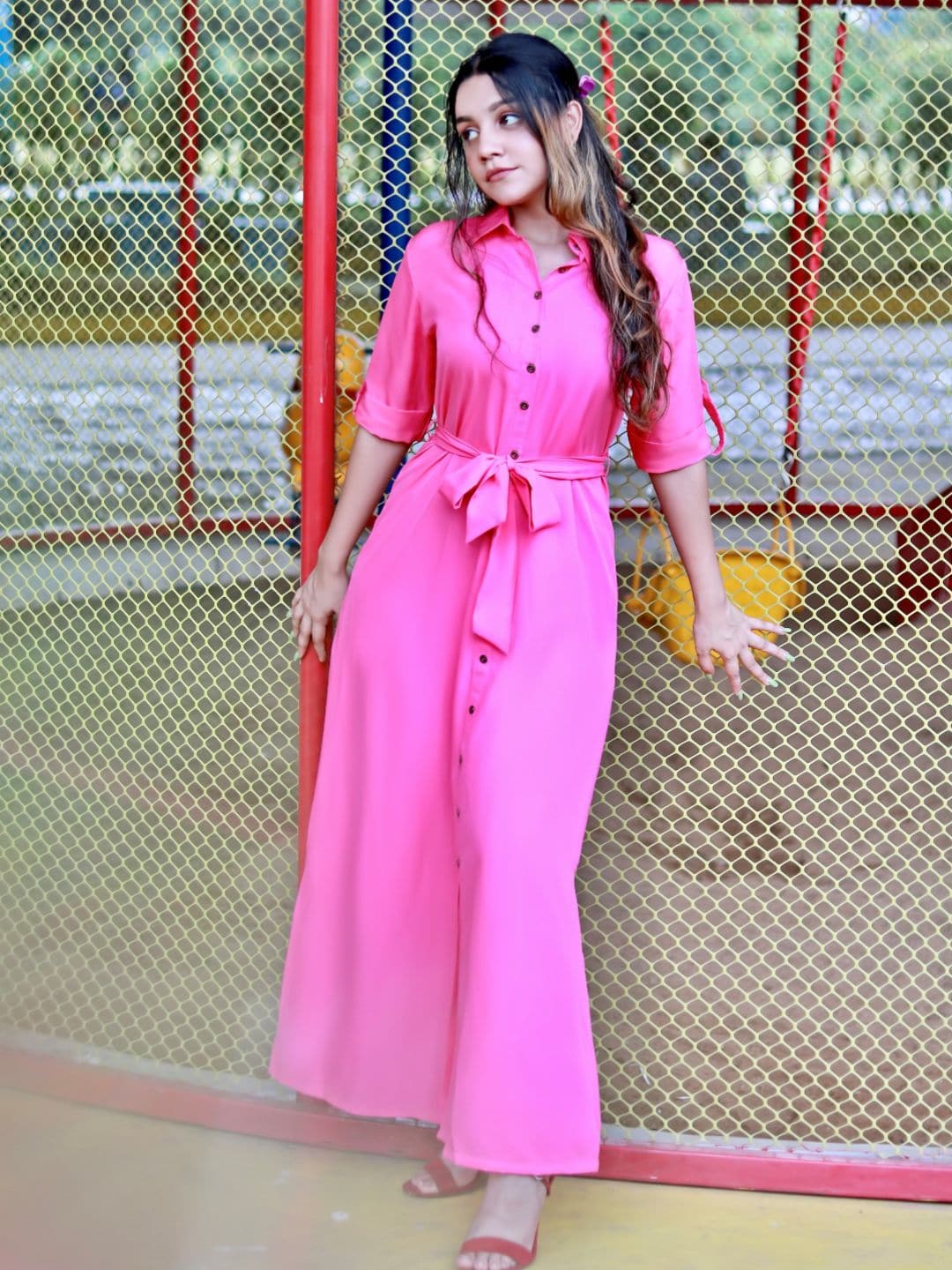 Collar Buttoned Down Shirt Maxi Dress - Pinkkup