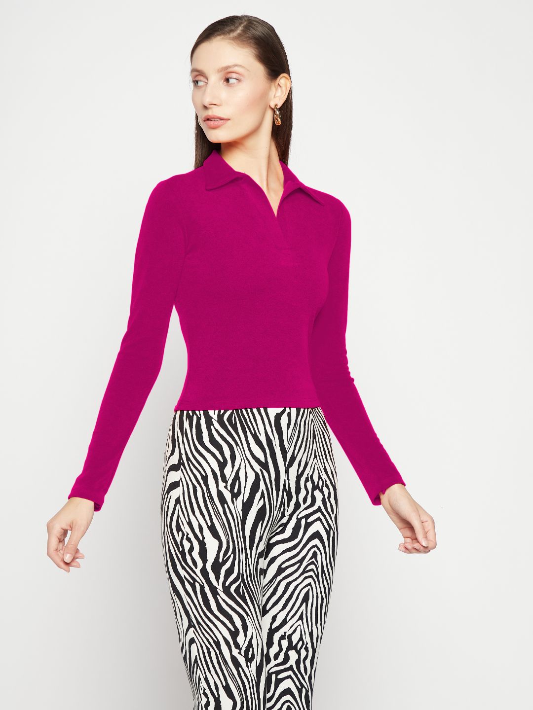 Stretchable Cotton Full Sleeve Collared Top