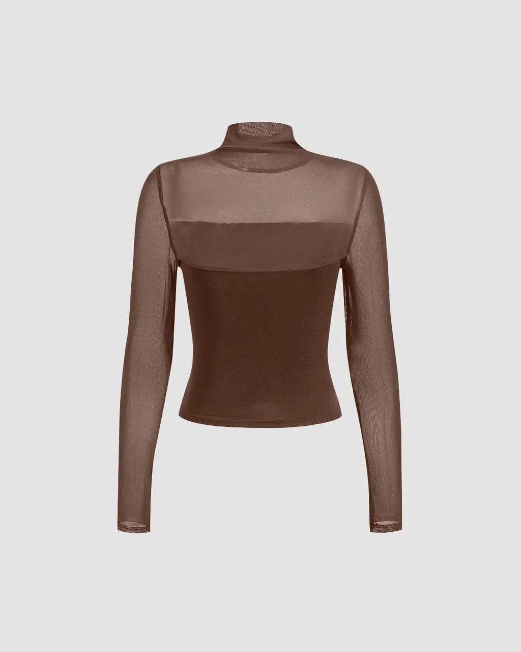 Sheer Mesh Mock Neck Long Sleeve Fitted Top In Coco Brown