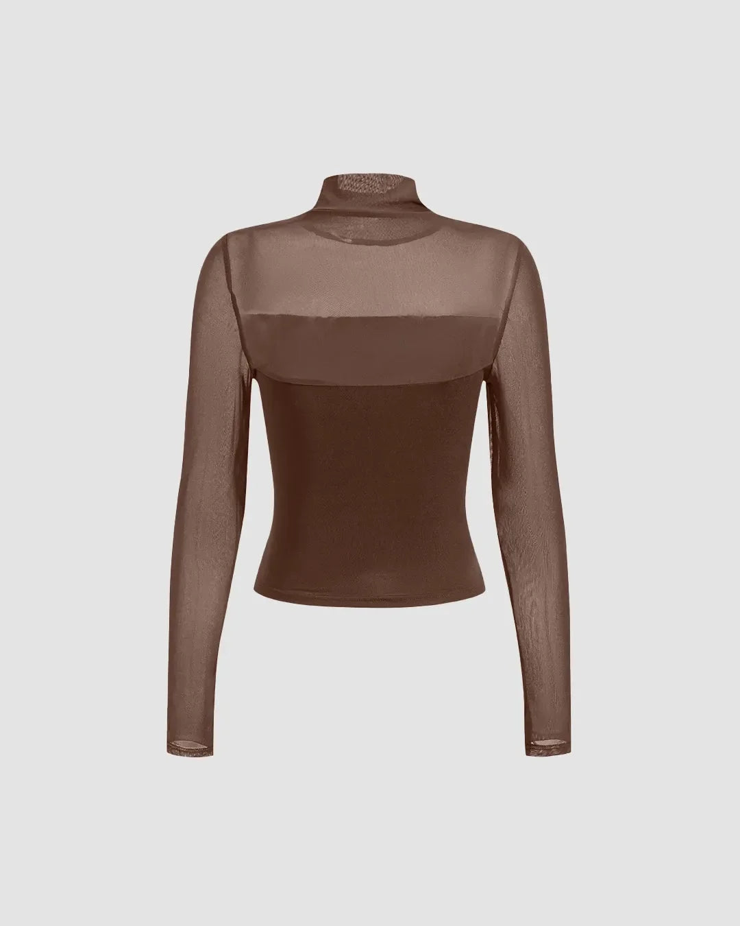 Sheer Mesh Mock Neck Long Sleeve Fitted Top In Coco Brown