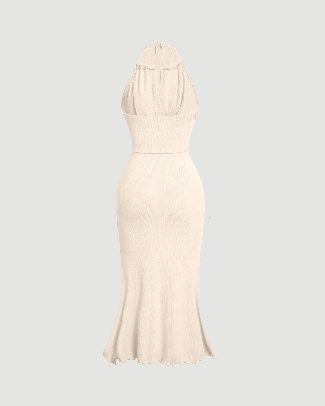 Twist Knot Solid Color Halter Neck Fish Tail Off-White Dress
