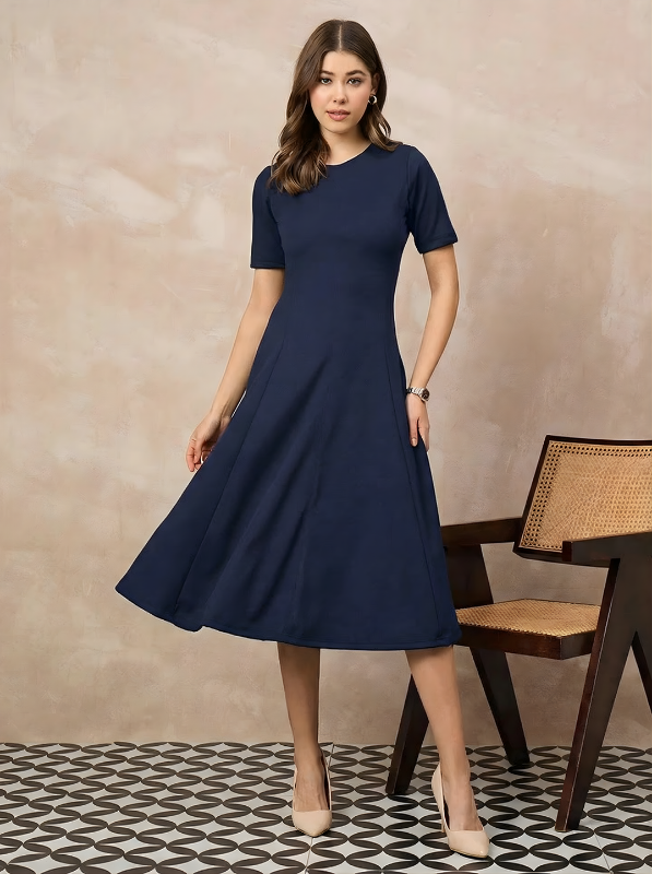 Stretchable Flared-Skirt Ribbed Dress - Pinkkup