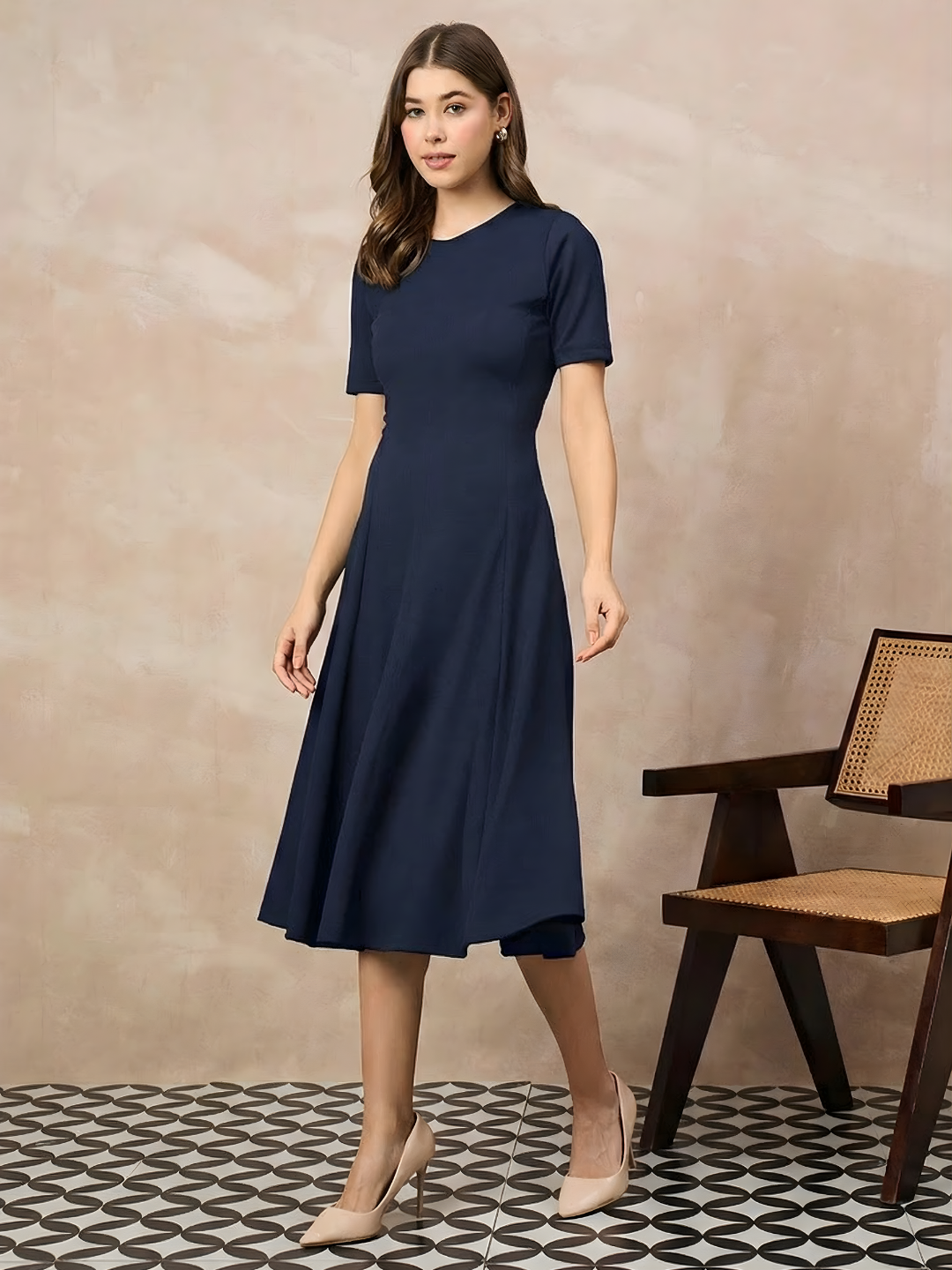 Stretchable Flared-Skirt Ribbed Dress