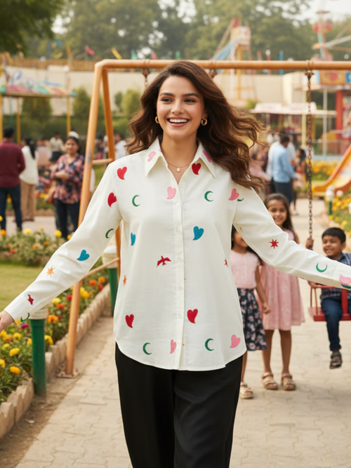 All Over Embroidered Linen Shirt - Pinkkup