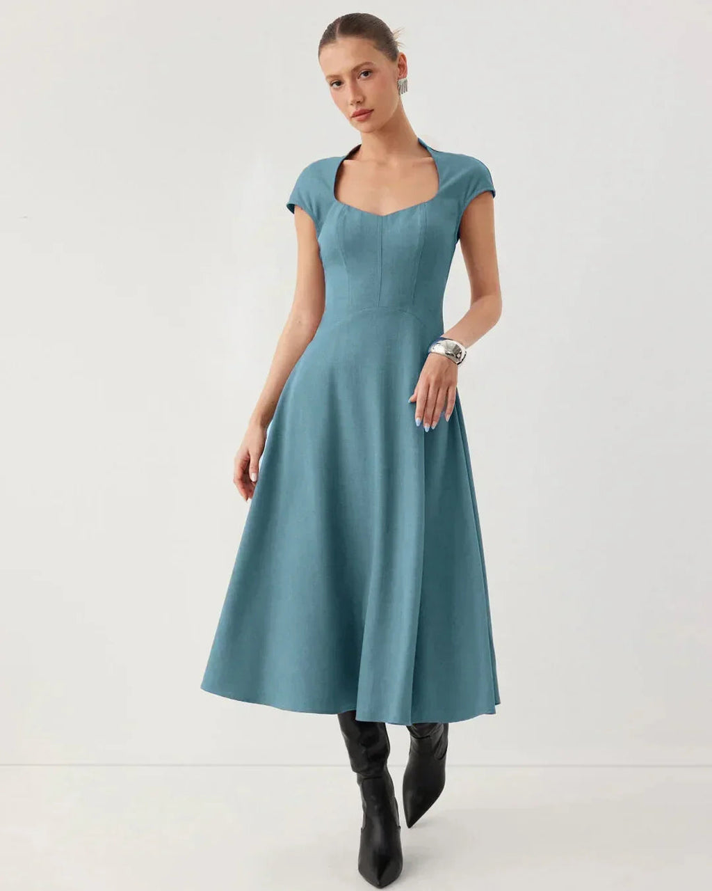 V-Neck Fit & Flare Solid Sleeveless Midi Dress in French Blue