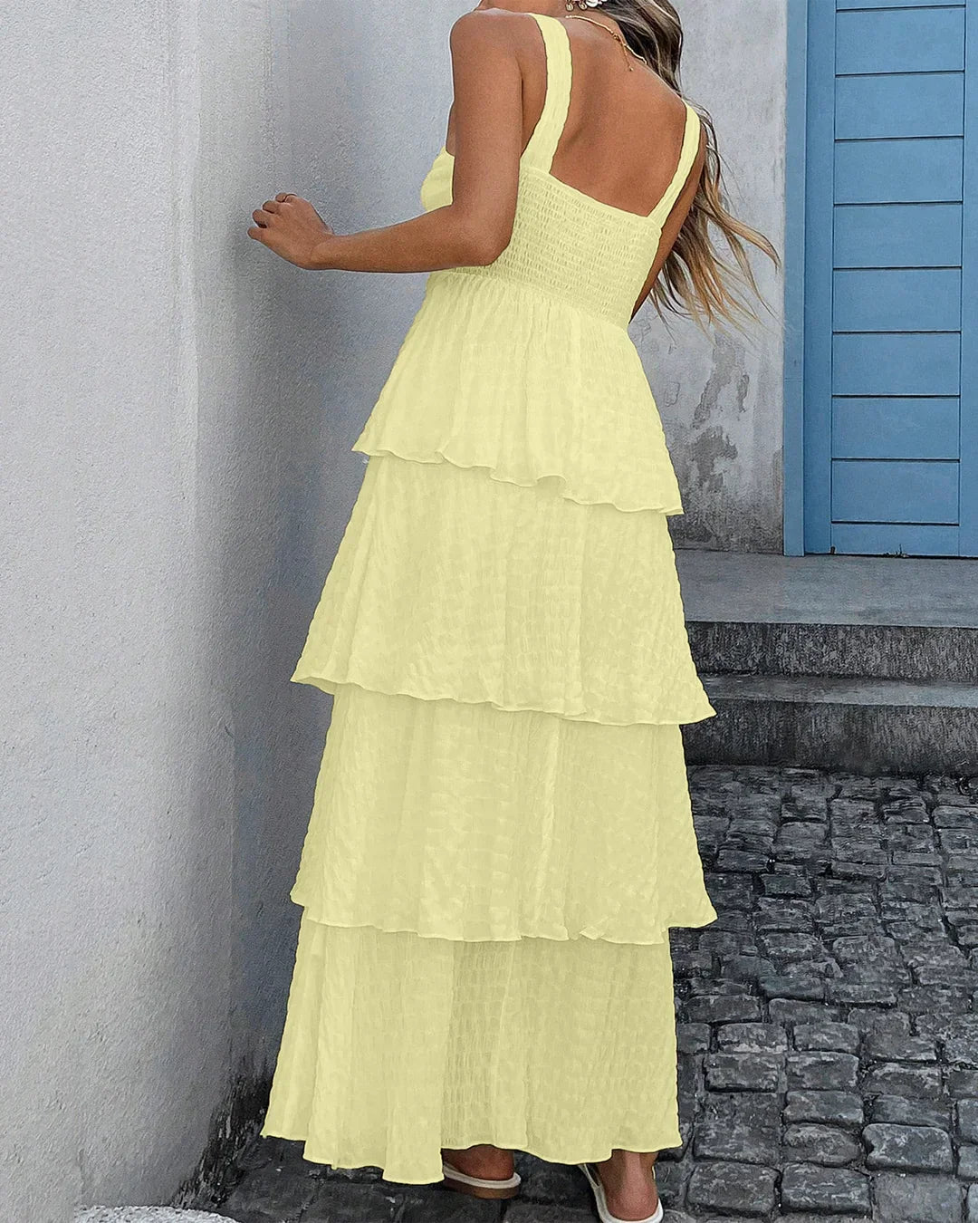 Square Neck Layered Ruffle Sleeveless Maxi Dress in French Vanilla