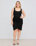 U-neckline Knotted Ruched Sleeveless Black Mini Dress Curve & Plus