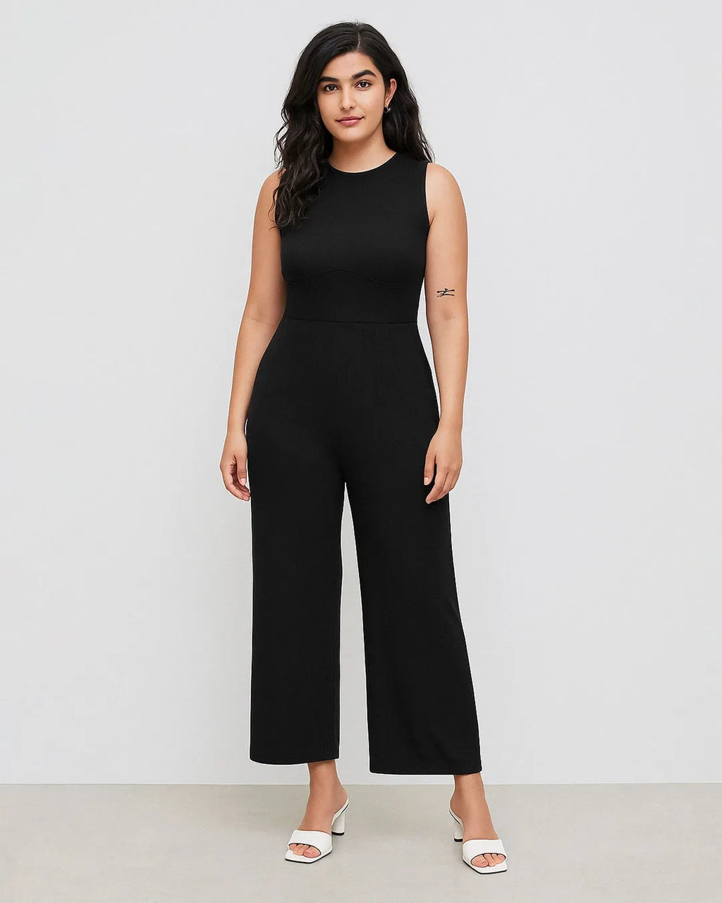 Solid Sleeveless Wide Leg Black Jumpsuit Curve & Plus