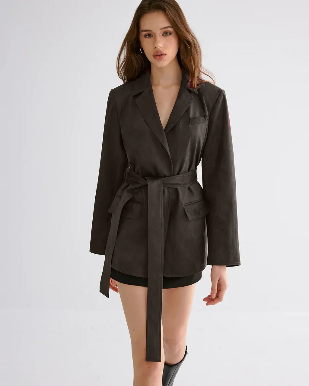 Minimal Belted Blazer in Brown