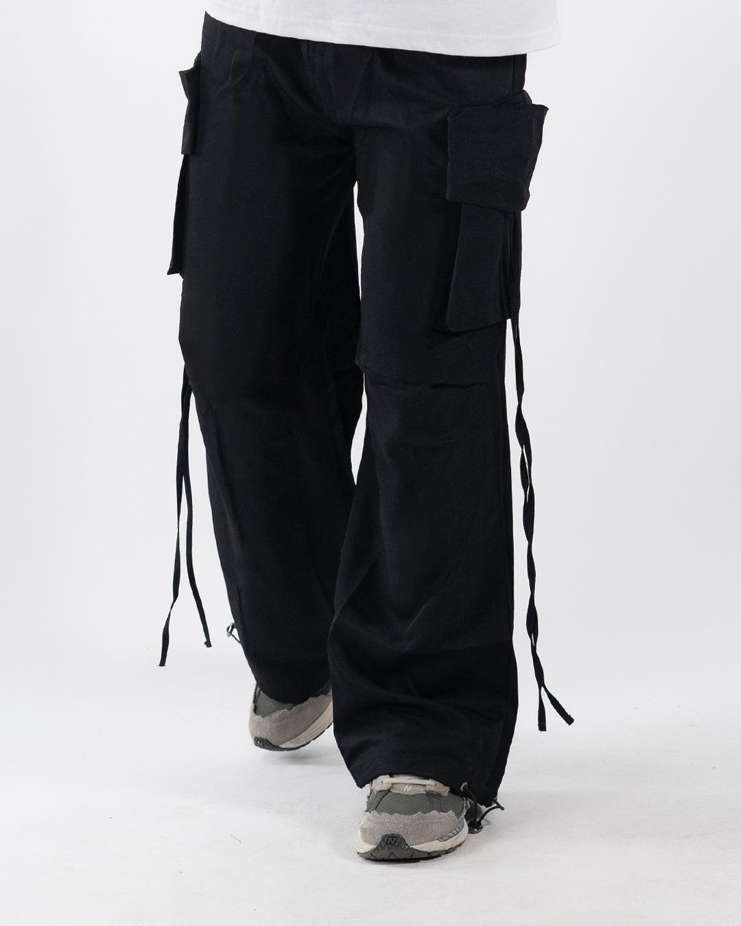 Men Drawstring Waist Plain Straight Leg Black Cargo Pants