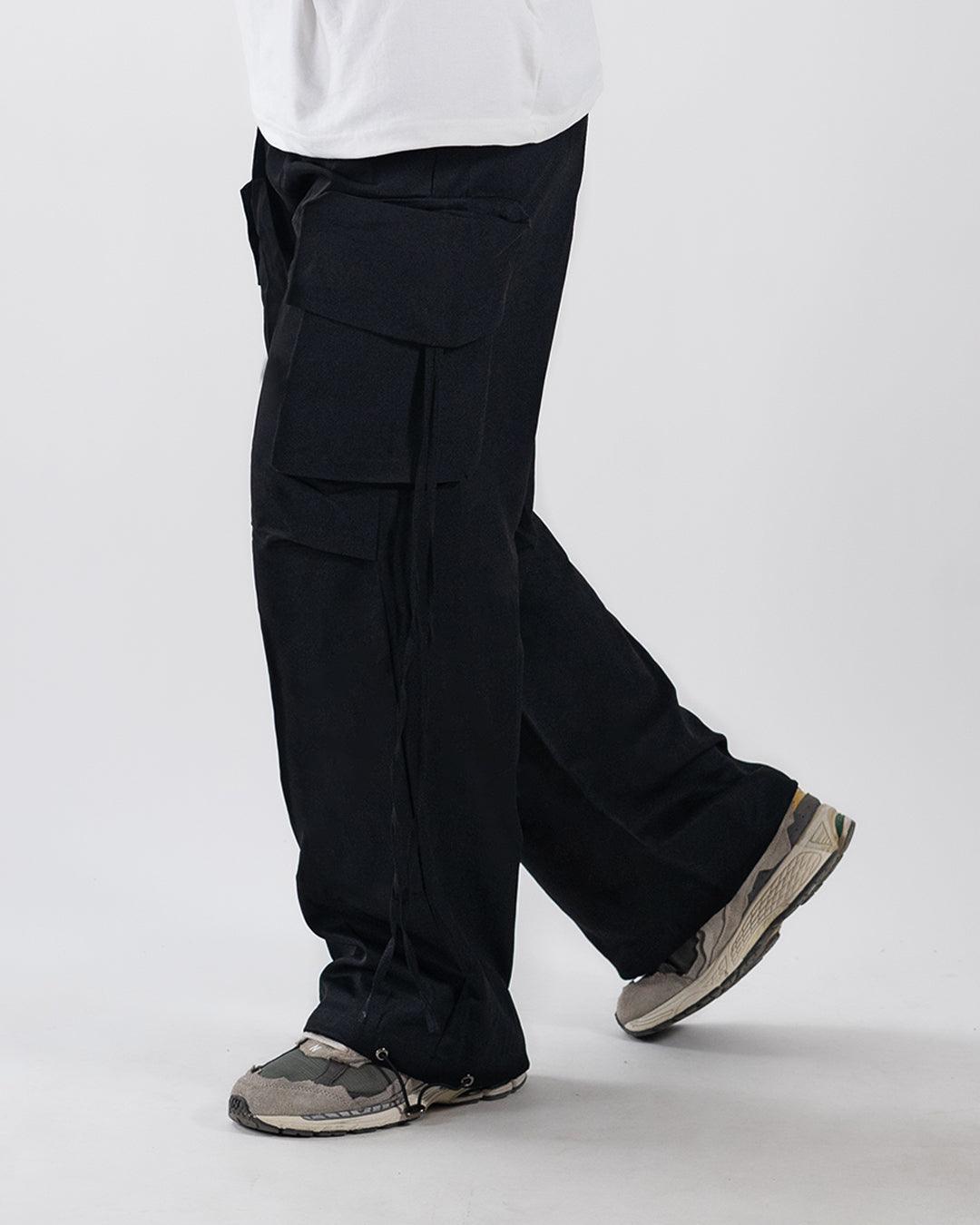 Men Drawstring Waist Plain Straight Leg Black Cargo Pants