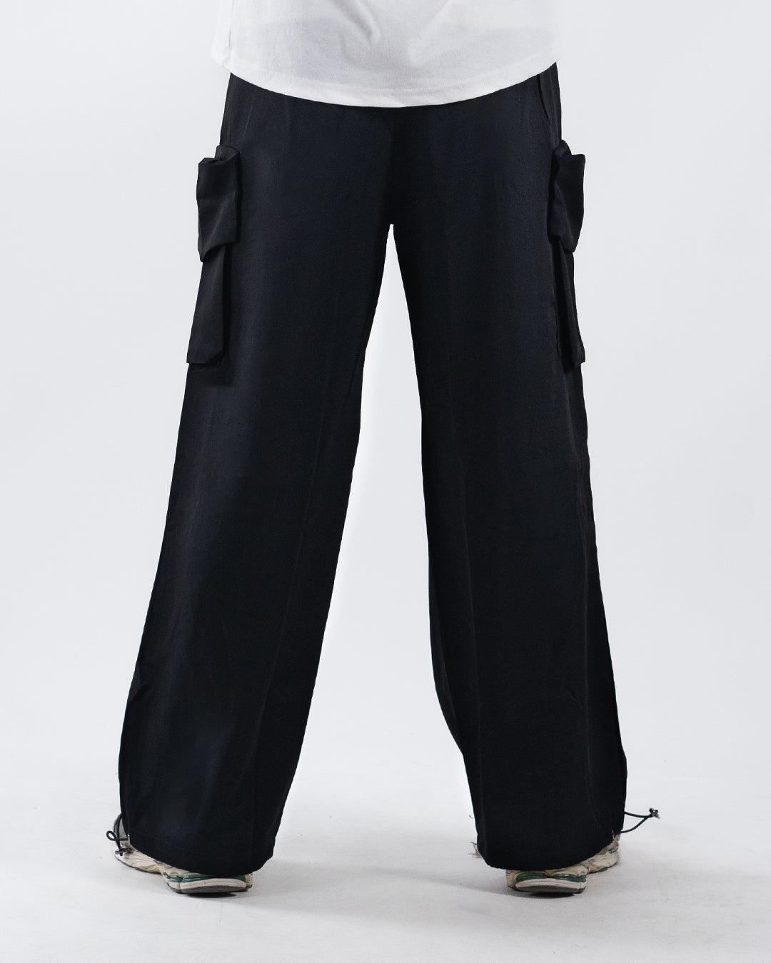 Men Drawstring Waist Plain Straight Leg Black Cargo Pants
