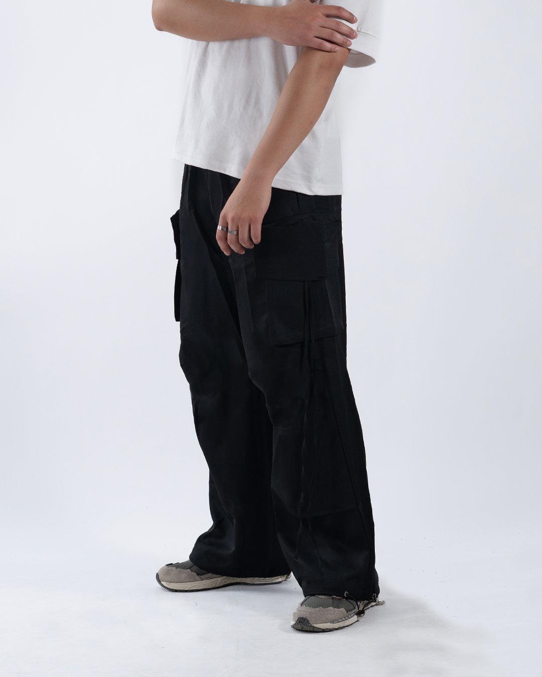 Men Drawstring Waist Plain Straight Leg Black Cargo Pants