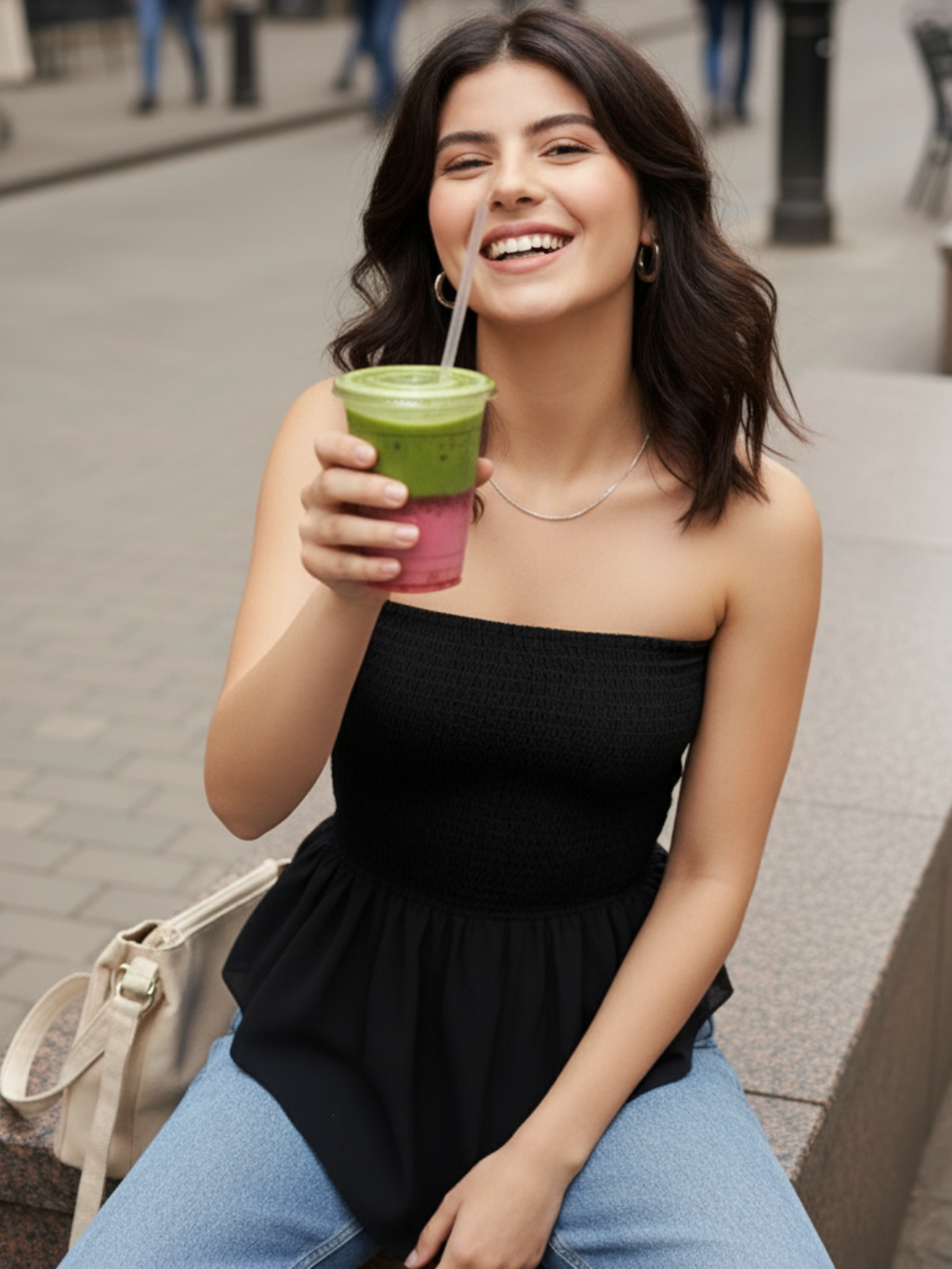 Smocked Bandeau Asymmetrical Top - Pinkkup