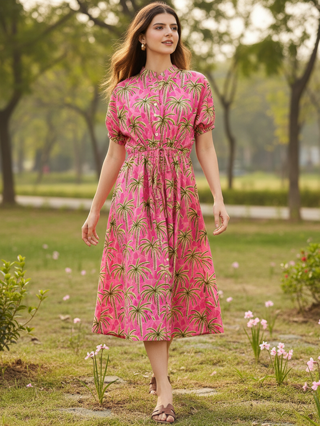 Cotton Side Waist Tie-Up Midi Dress - Pinkkup