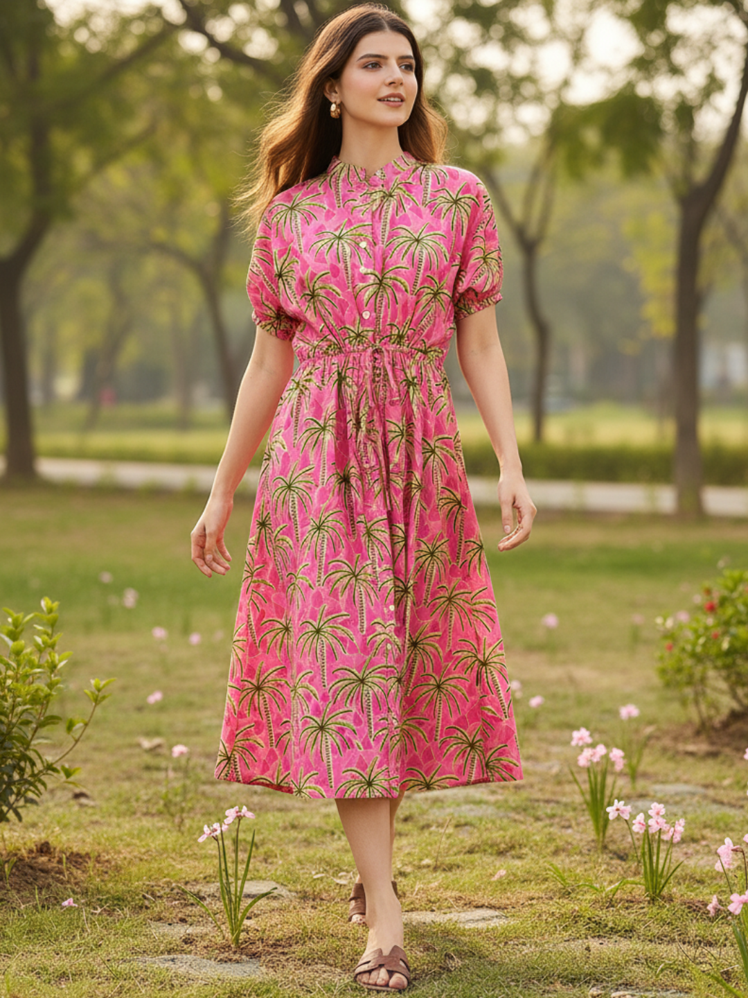 Cotton Side Waist Tie-Up Midi Dress - Pinkkup