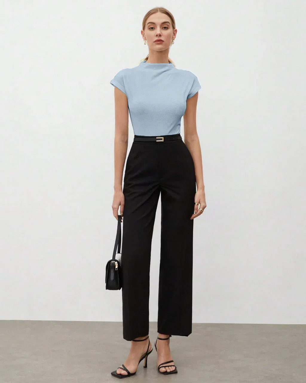 Mock Neck Cap Sleeve Fitted Top in Ice Blue
