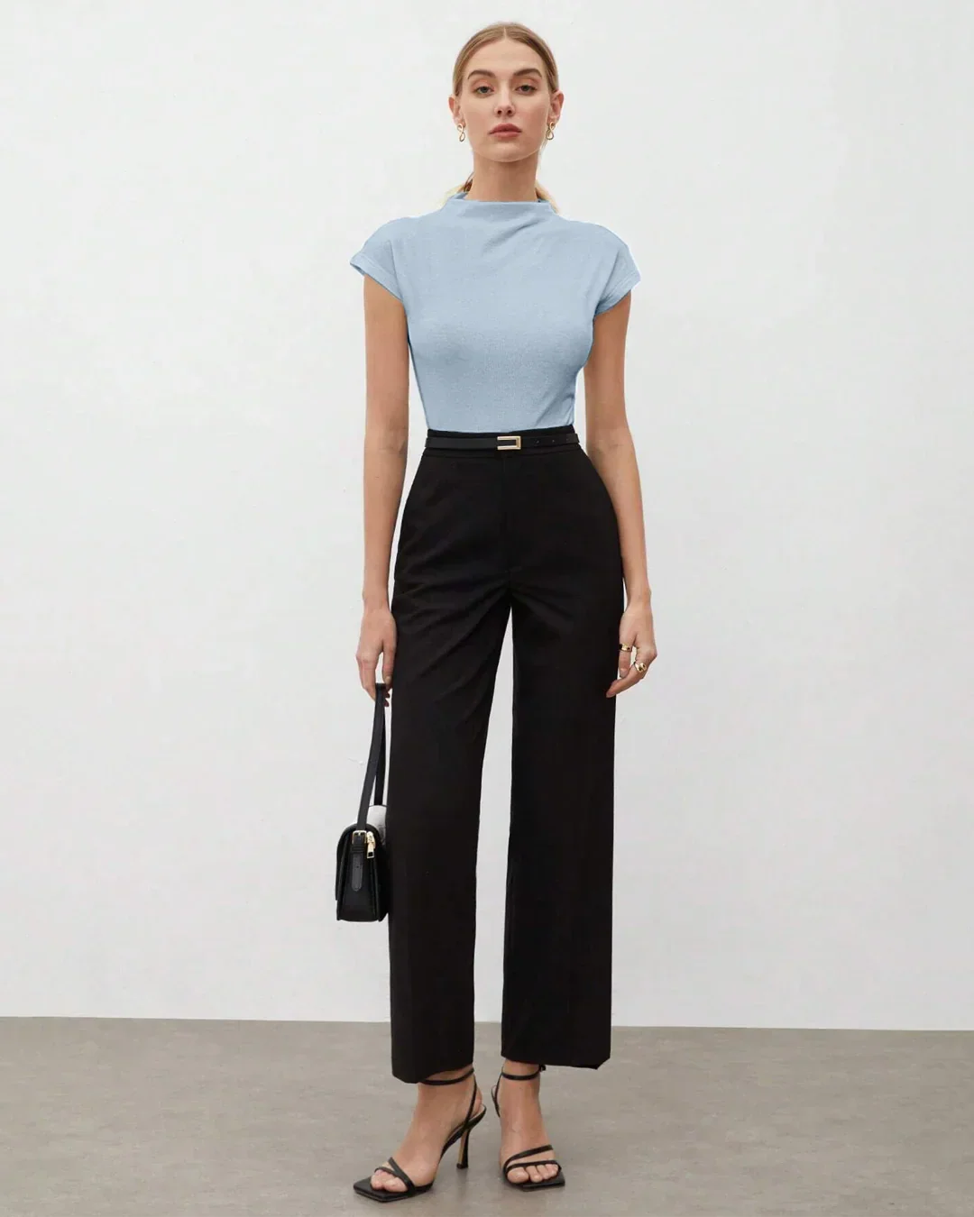 Mock Neck Cap Sleeve Fitted Top in Ice Blue